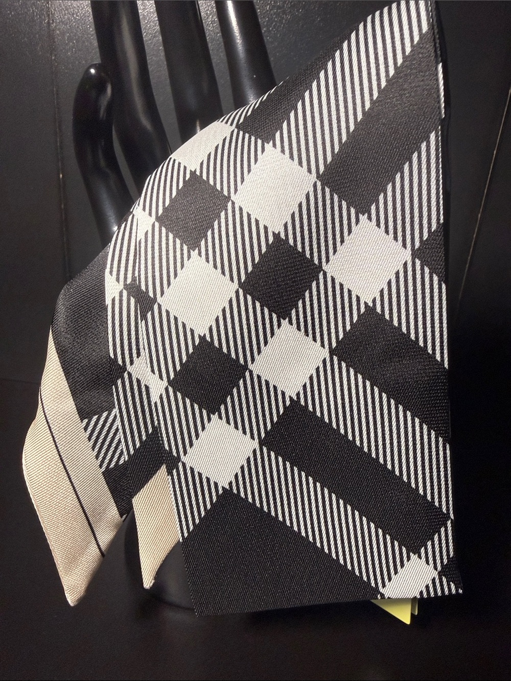 Black & White Checkered Silk Scarf with Cream Trim
